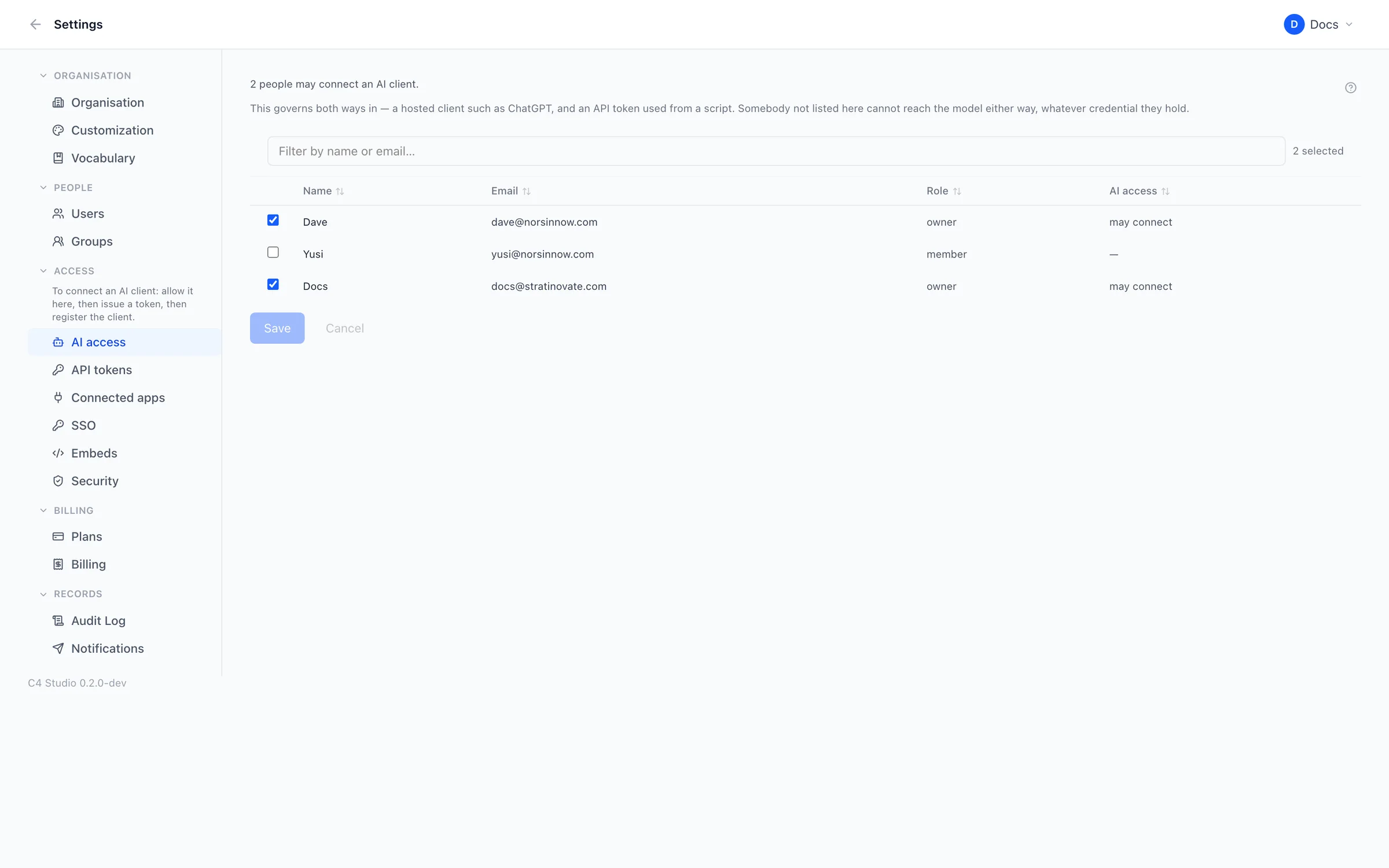 AI access settings.
