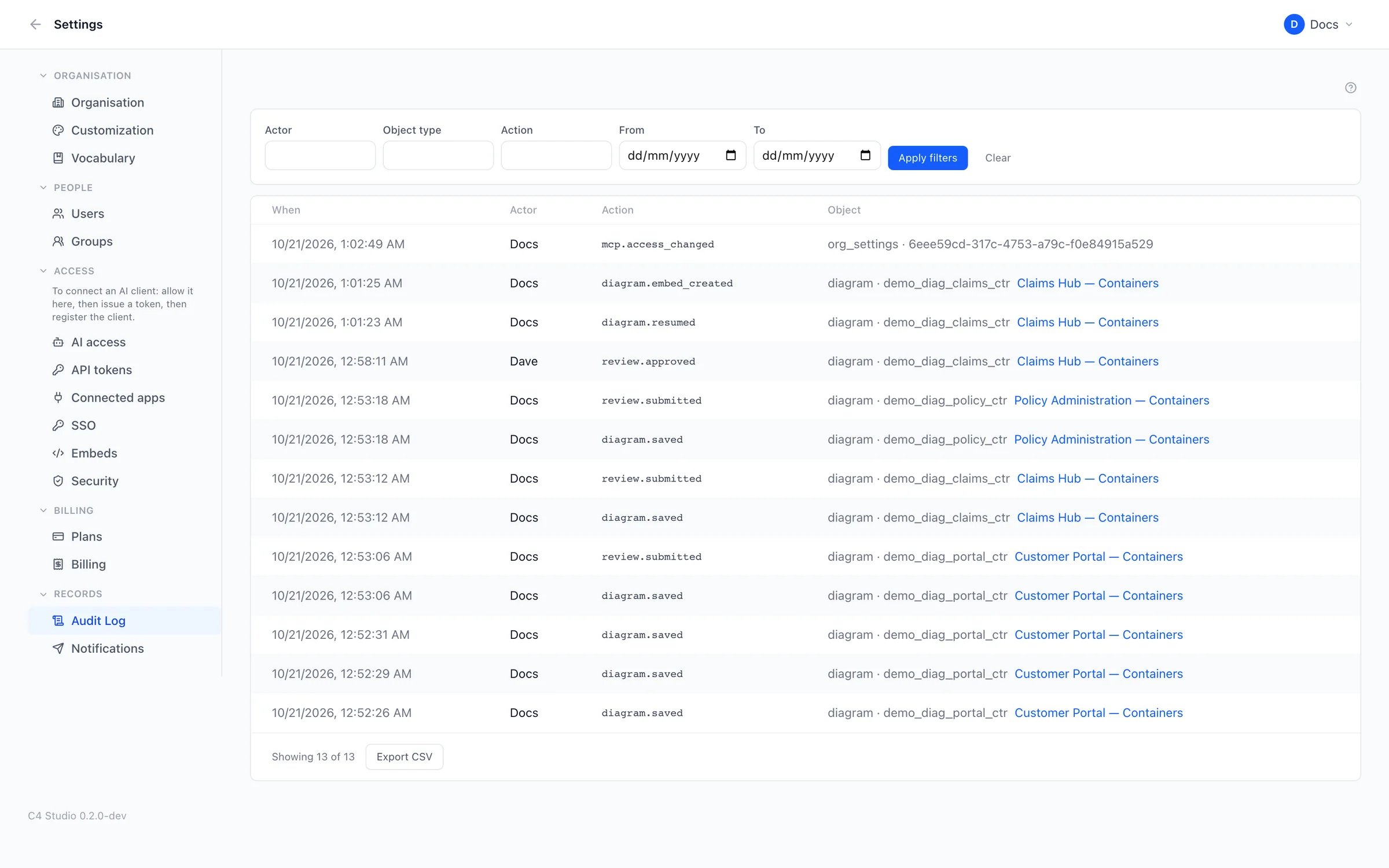 The audit log listing administrative actions with who, what and when.