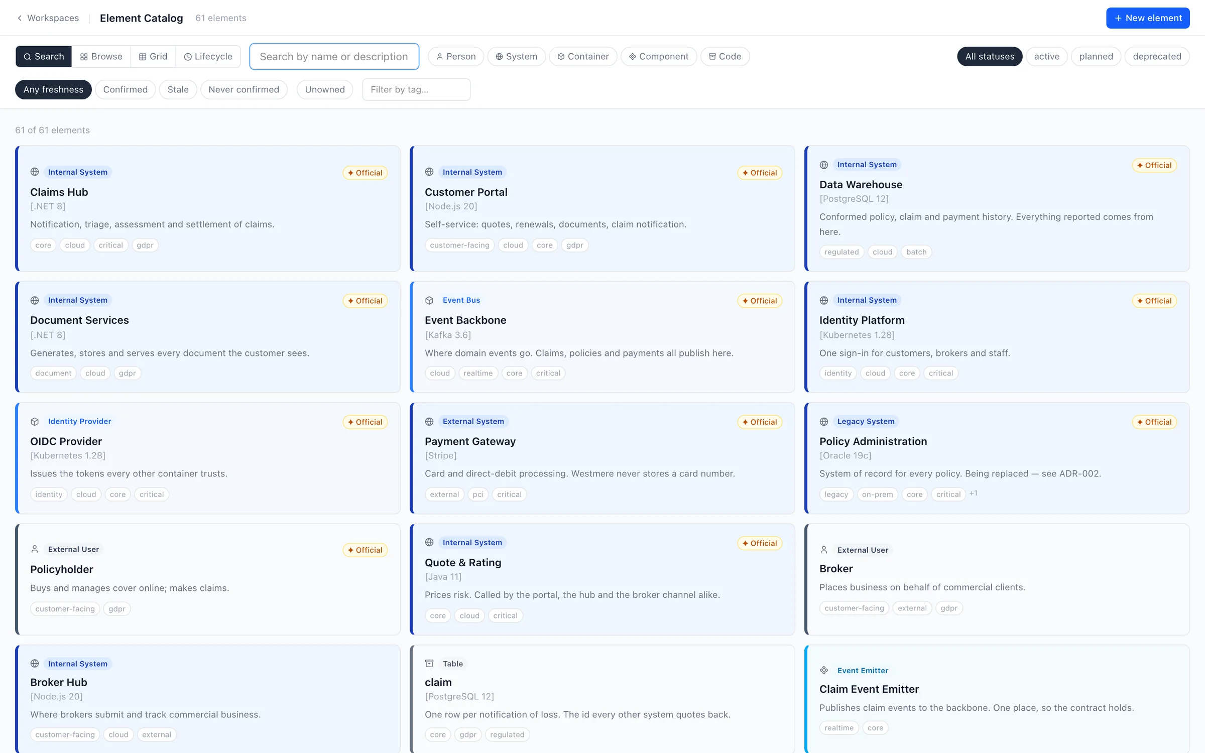 The Voussar catalog: every element in the organisation with its type, status, owner and tags, and filters for freshness and status.