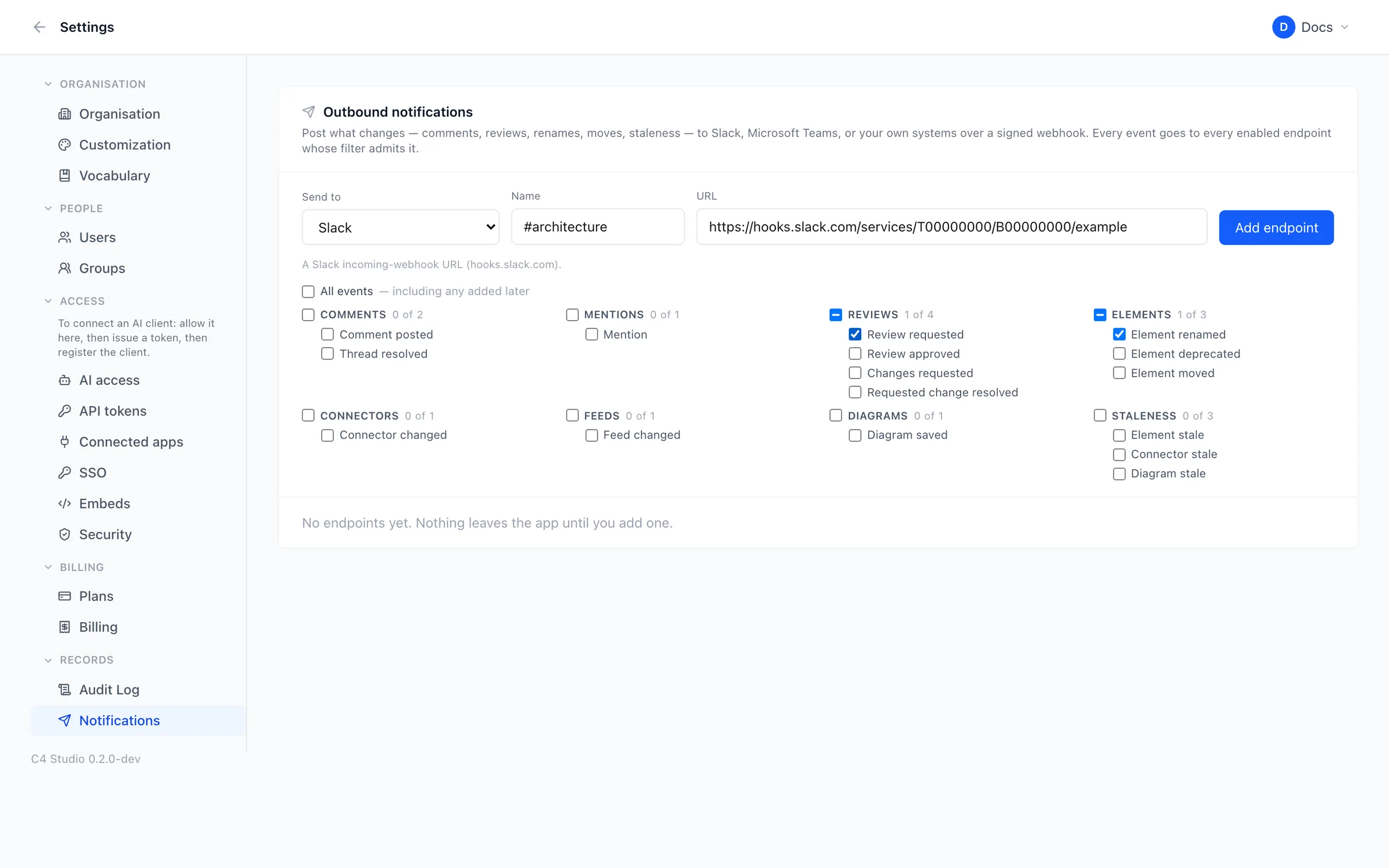 Choosing which events to send to Slack, Microsoft Teams or a webhook.