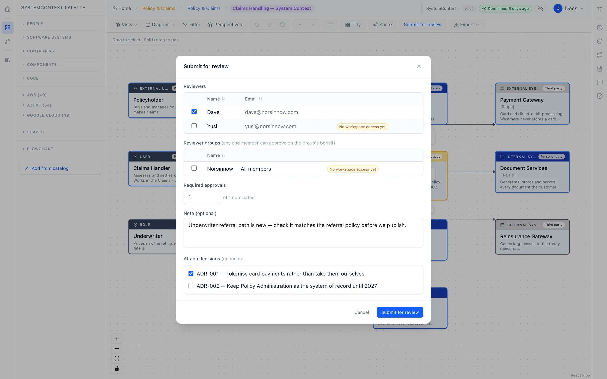 Submitting a diagram for review: choosing reviewers and groups, setting how many approvals are required, and attaching a decision record.