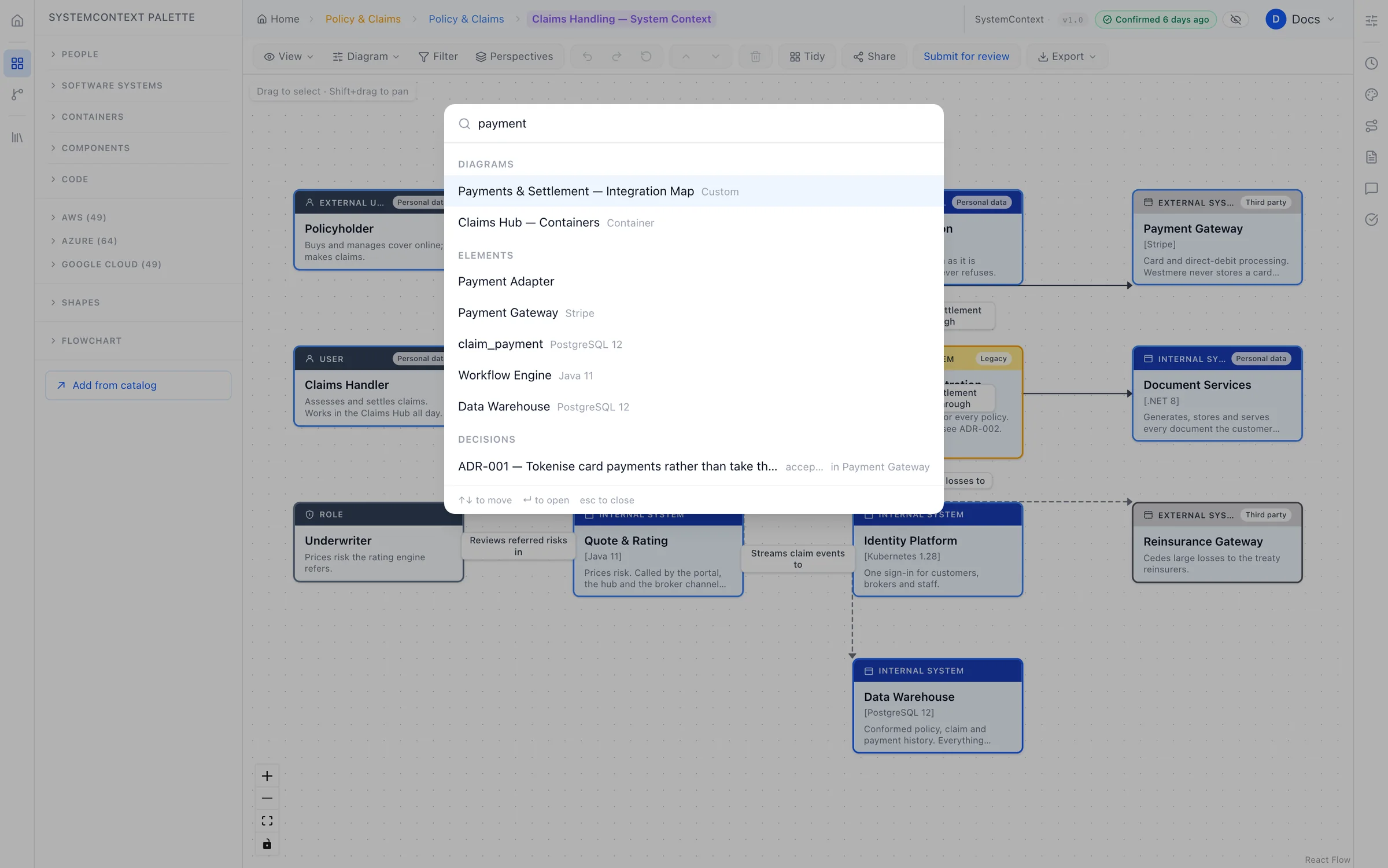 Global search returning elements, diagrams and other results for one search term.