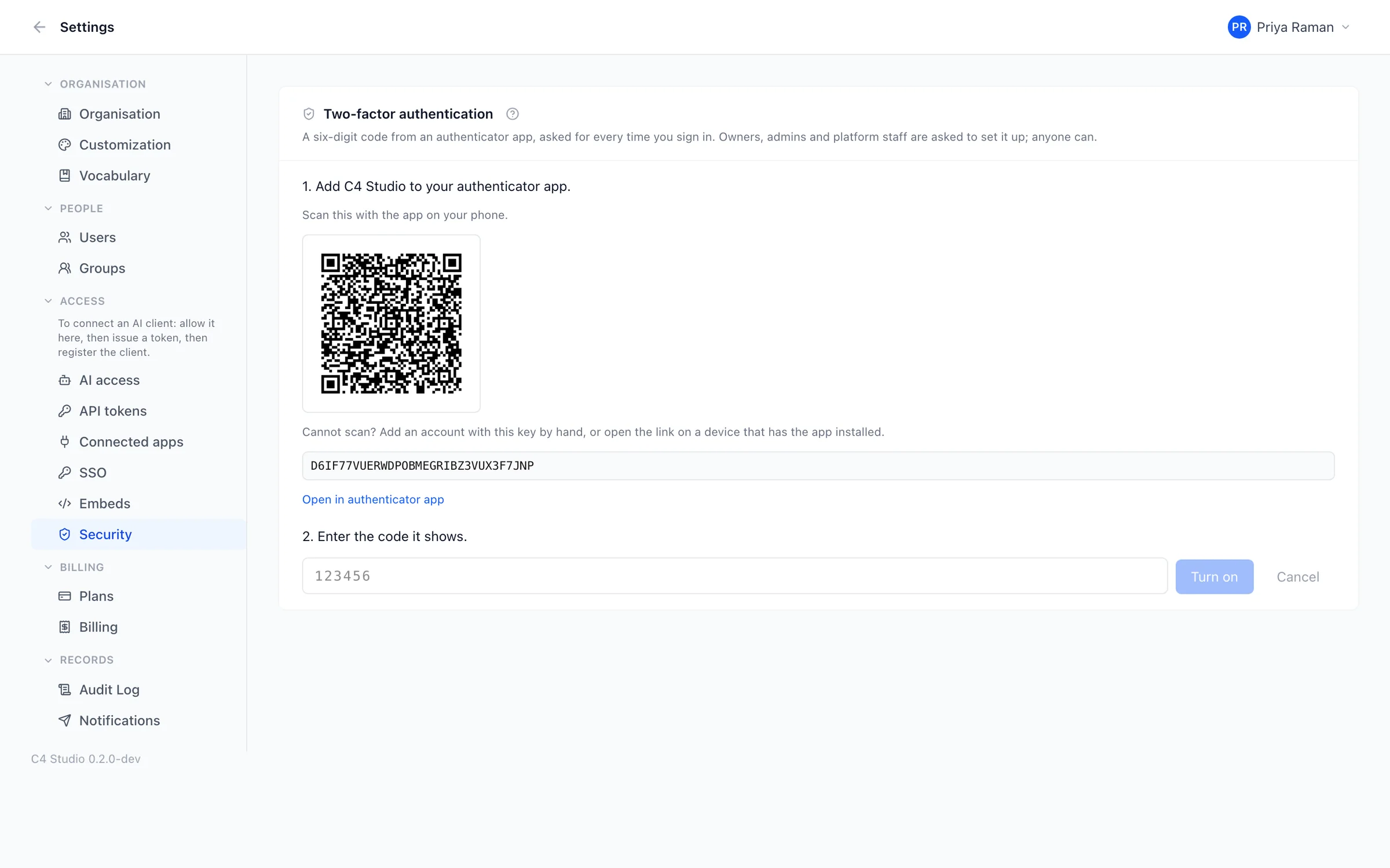 Setting up two-factor authentication with an authenticator app.